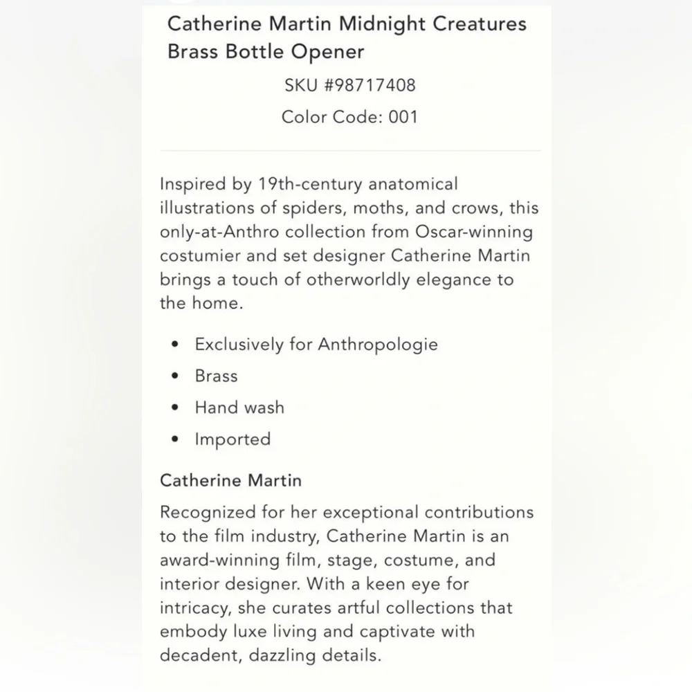 ANTHROPOLOGIE CATHERINE MARTIN MOTH / BUTTERFLY BOTTLE OPENER WHIMSICAL BAR NEW